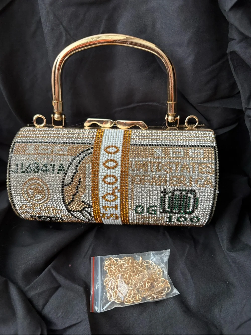 NWOT Gold Bling Full Crystal Stacked Cash Cylinder Clutch Bag with Top Handle